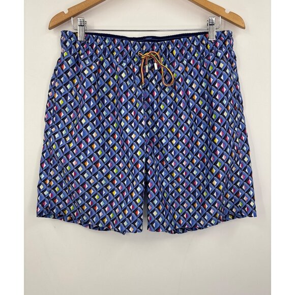 Bugatchi Mens Swim Short 7" Trunks Geometric Print Design Blue XL - Picture 1 of 6